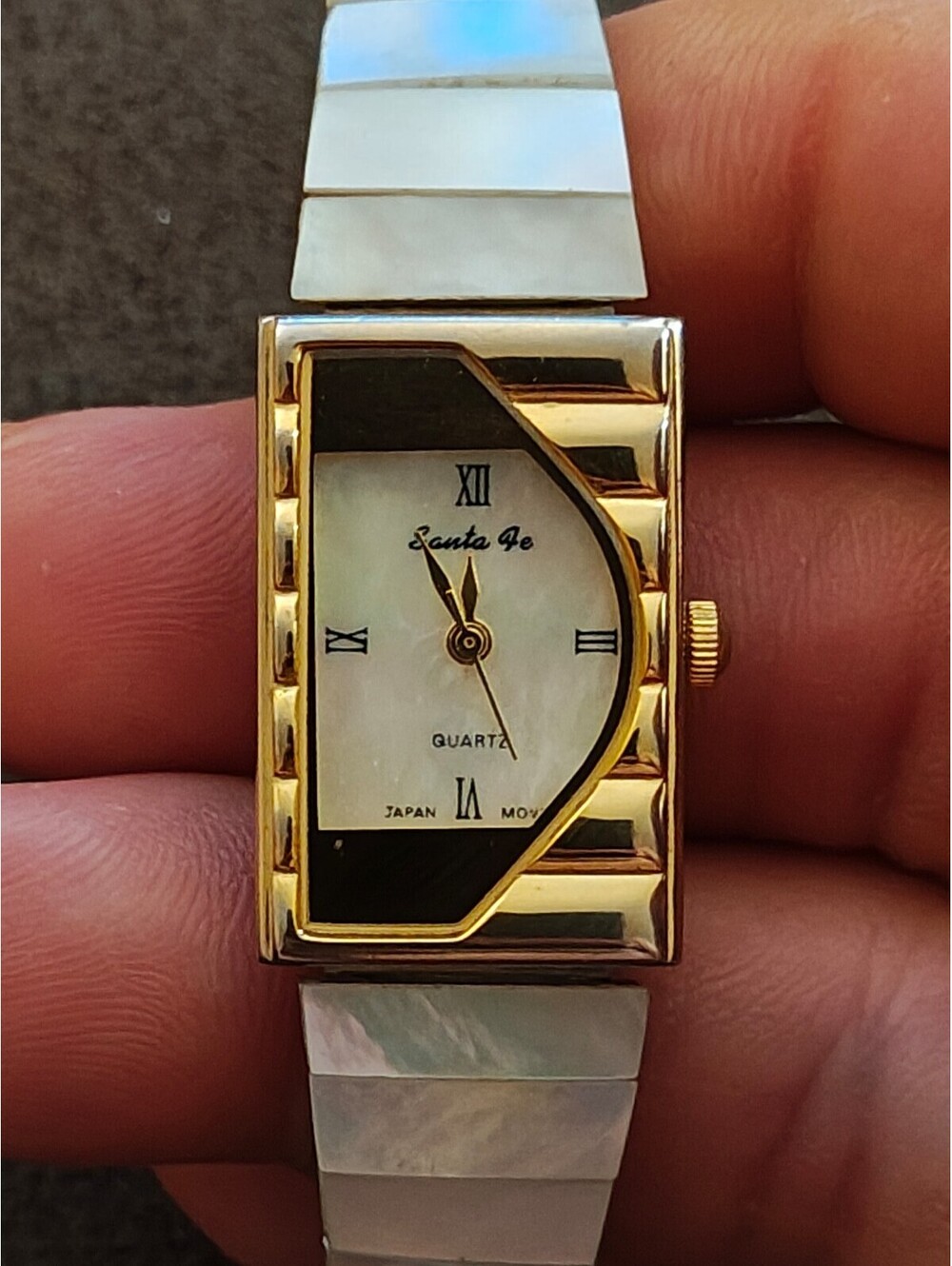 1980s/90s Santa Fe Asymmetric Quartz Women's Watch Mother of Pearl Dial & Band